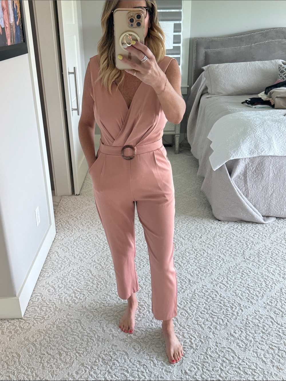 Sleeveless Rose Pink Belted Wrap Jumpsuit